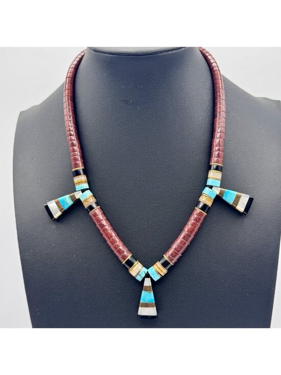 Fetish Jewelry - Vintage Navajo Fetish Necklace Sterling Silver Turquoise Jasper MultiStone Inlay